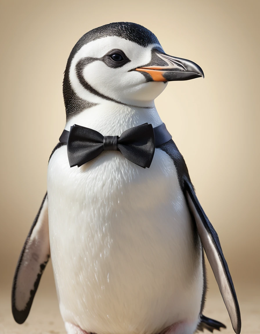 蝶ネクタイをつけたエレガントなペンギンのシネマティックポートレート