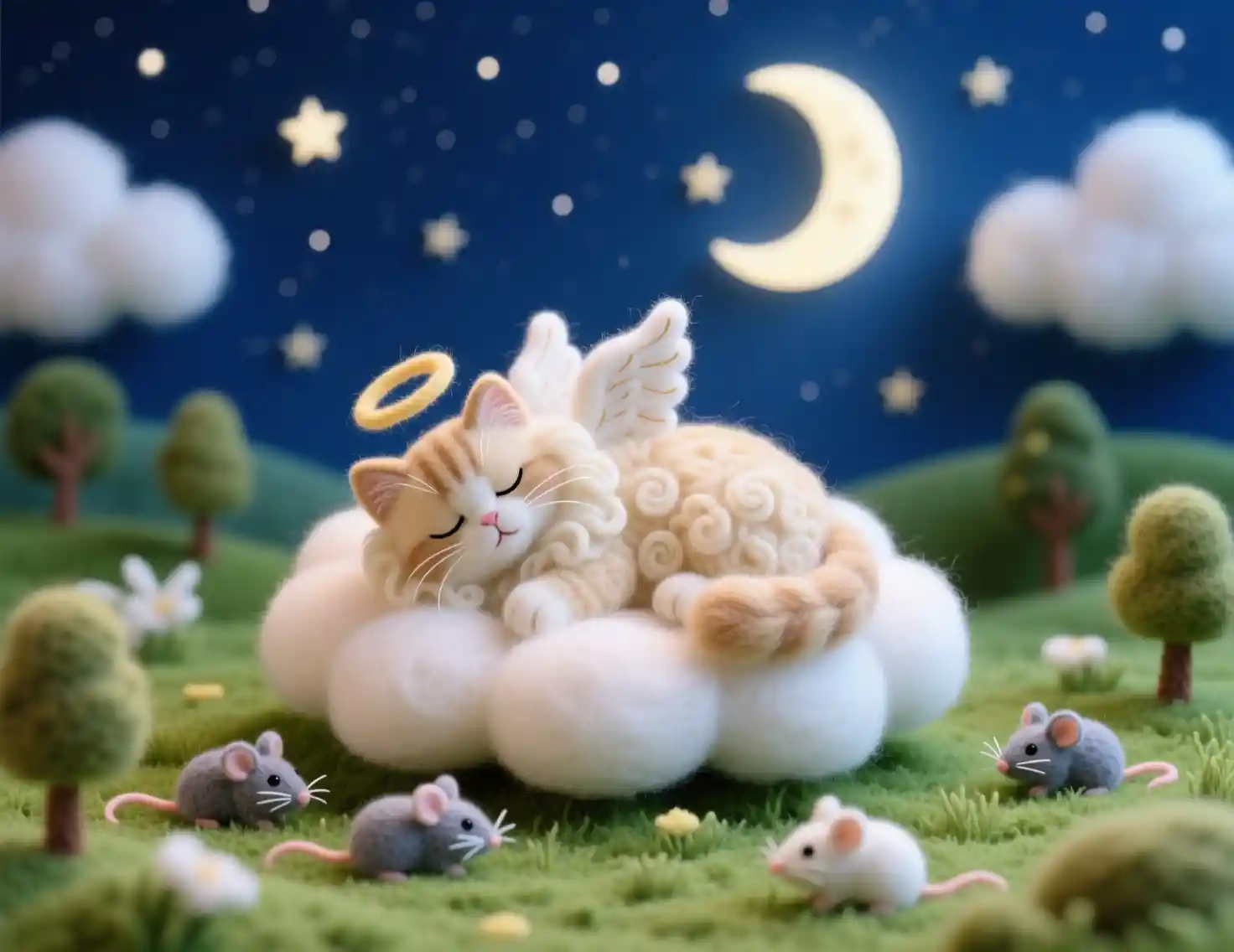 夜の雲の上で眠るフェルトの天使猫