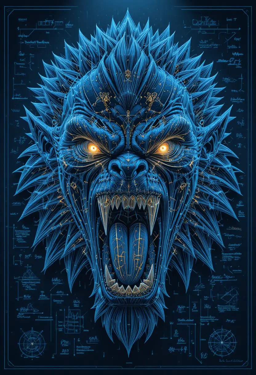 Technical blueprint portrait of a snarling monstrous beast