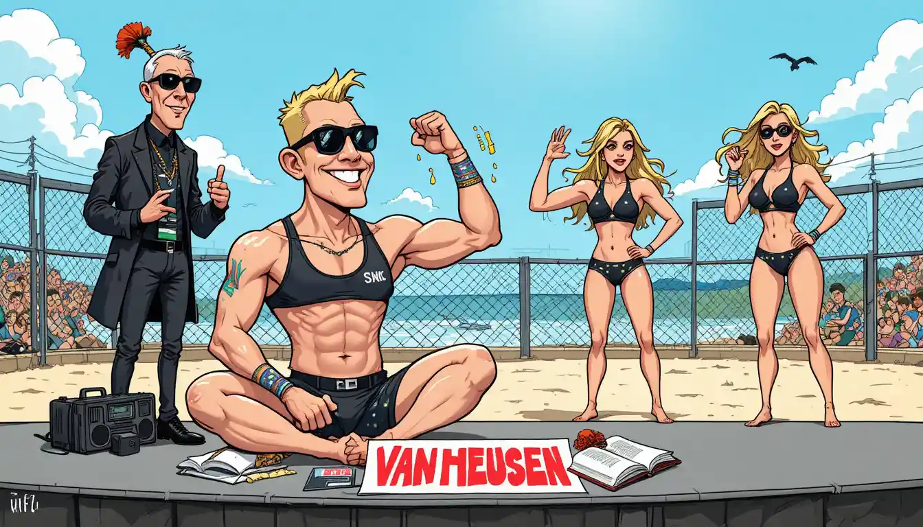 Humorous cartoon of two men contrasting outfits on beach