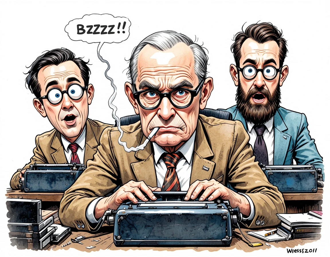 Comic-Illustration angespannter Autoren an Retro-Schreibtischen