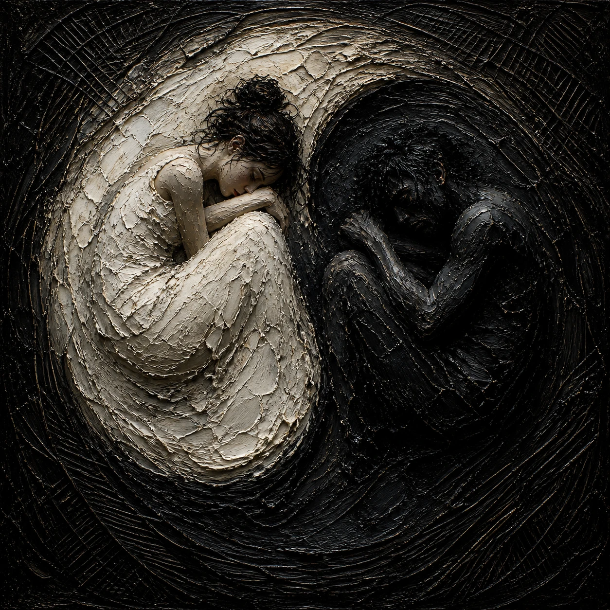 Dark impasto yin and yang forms in deep shadow