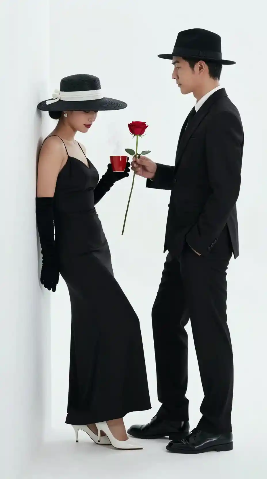 Elegant couple in black fashion against a white wall