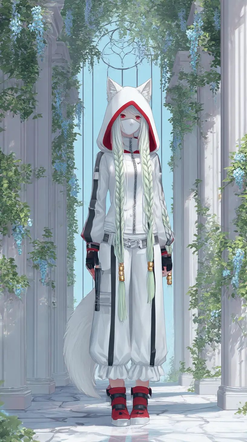 Masked anime girl with white hair and tactical outfit