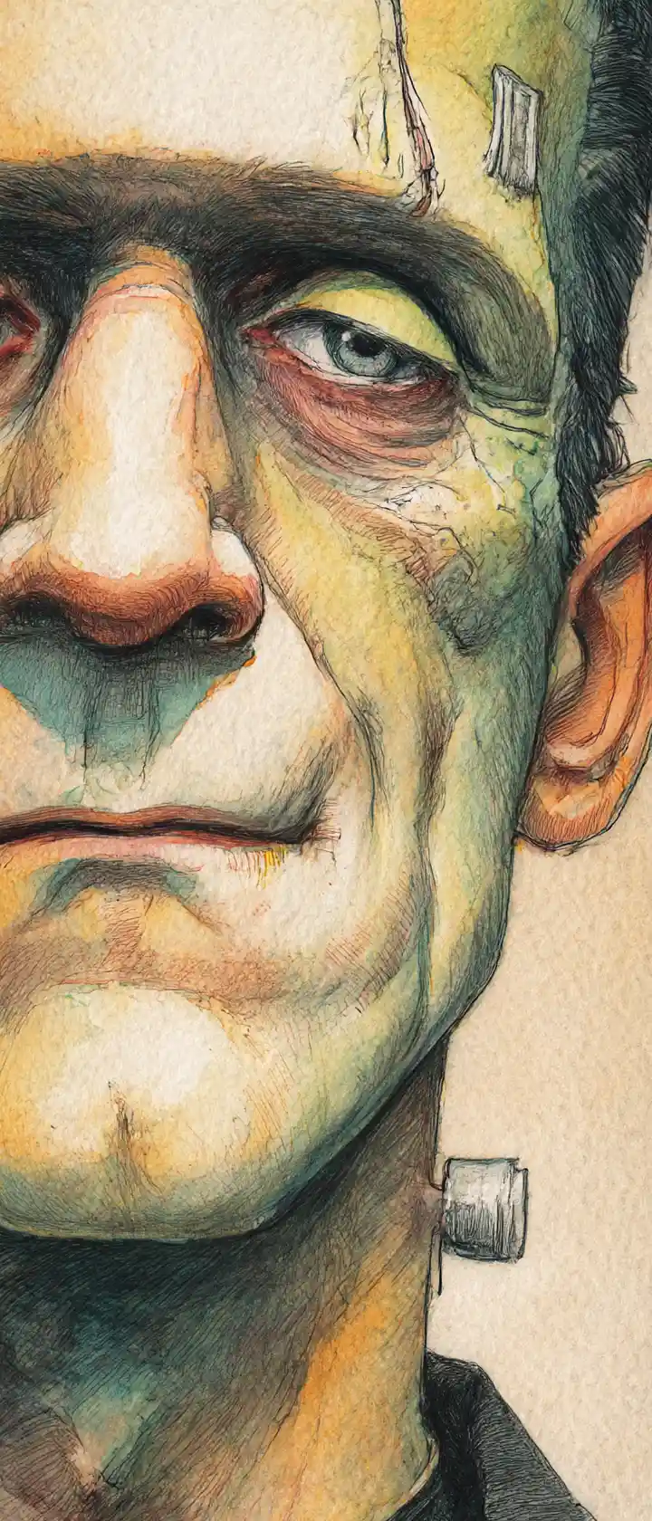 Watercolor close up of a girl in Frankenstein costume