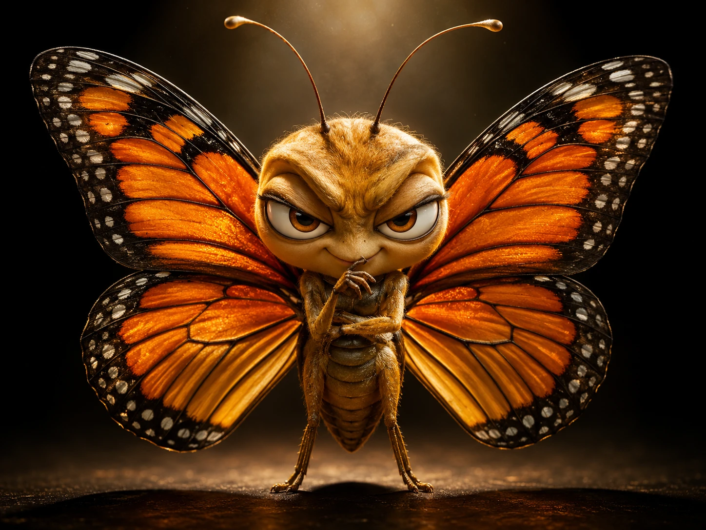 Borboleta 3D brincalhona com olhar travesso e conspirador