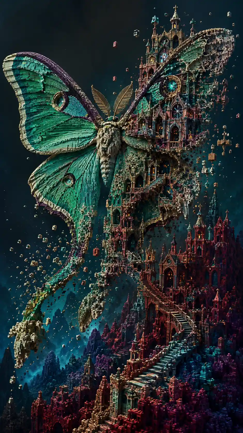Mariposa-lua surreal transformando-se em arquitetura gótica de tijolos
