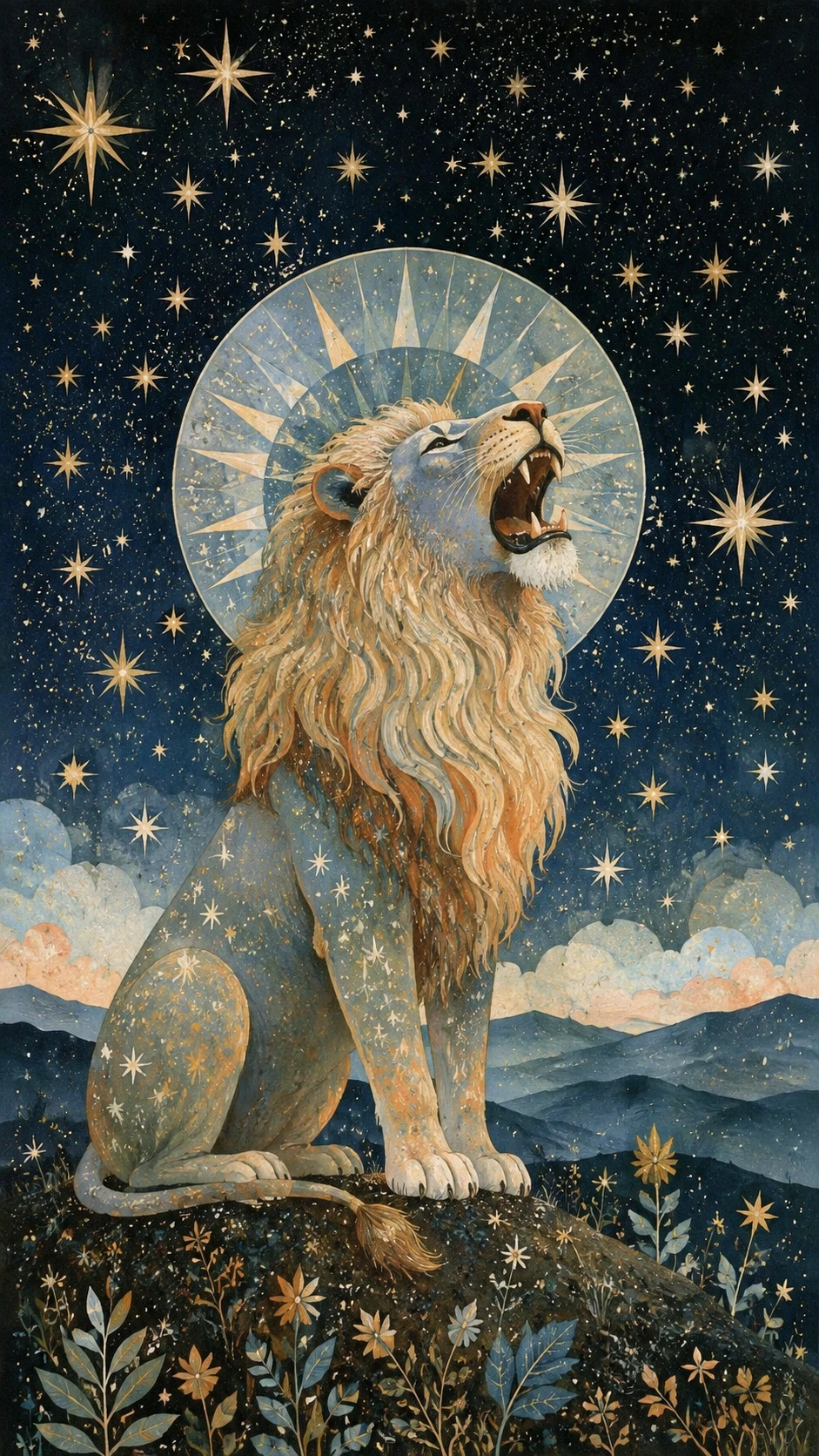 Roaring lion gazing at a starlit night sky in folk art