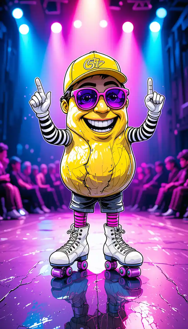Personaggio patata sui pattini a rotelle su un colorato palco da concerto