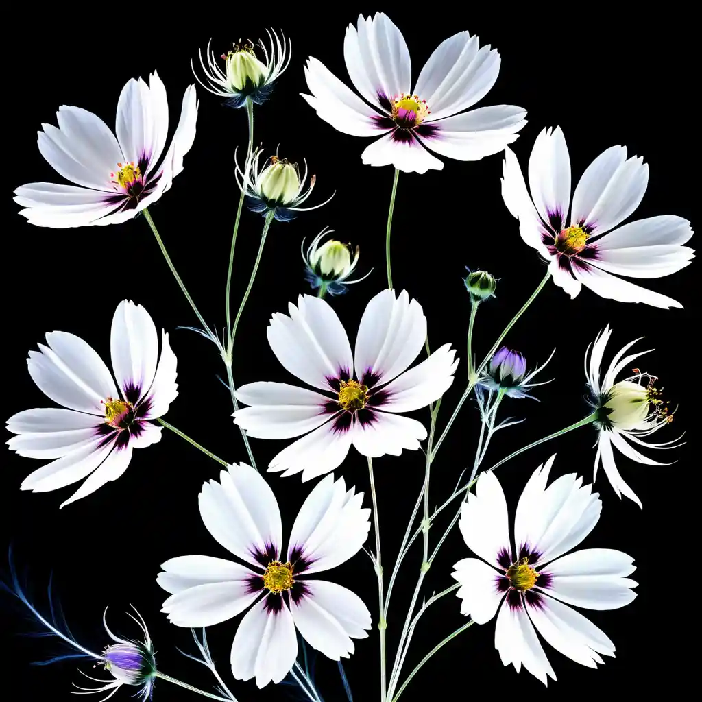 X ray cosmos flower bouquet on deep black background