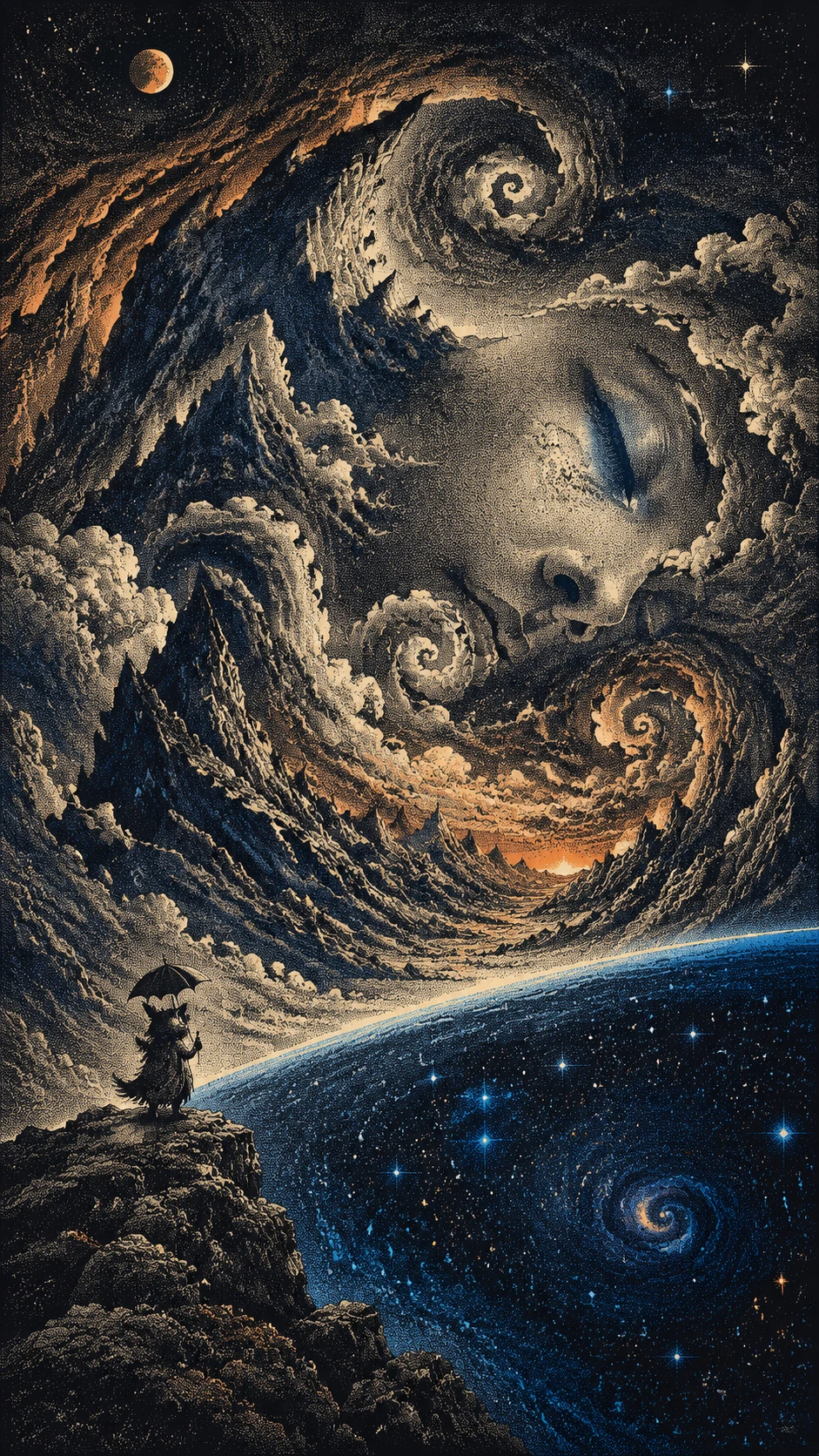 Tiny creature on rock in vast surreal mountain landscape
