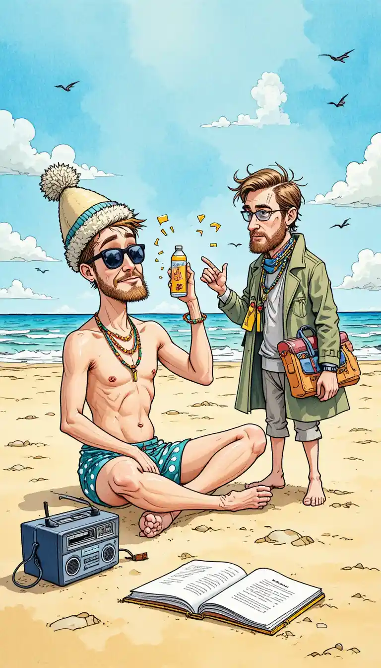 Homens em desenho animado em uma praia ensolarada com roupas contrastantes e bem-humoradas
