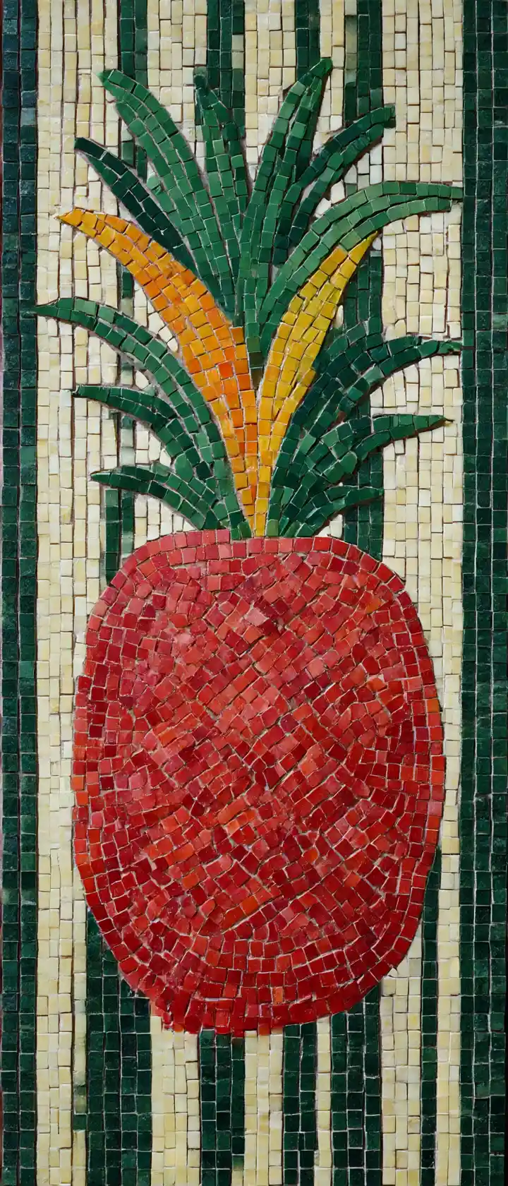 Red mosaic pineapple against striped green tile background