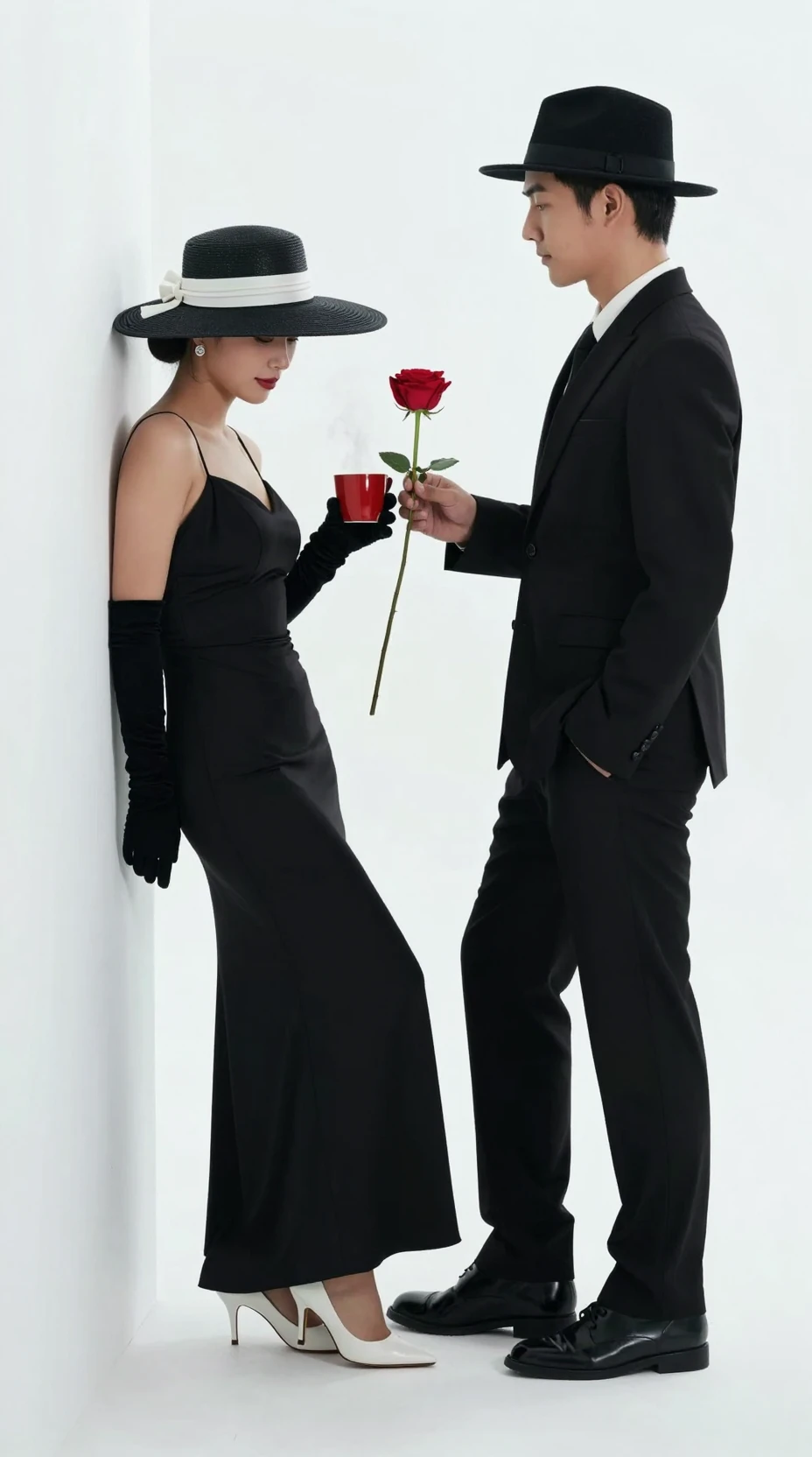 Elegant couple in black fashion against a white wall