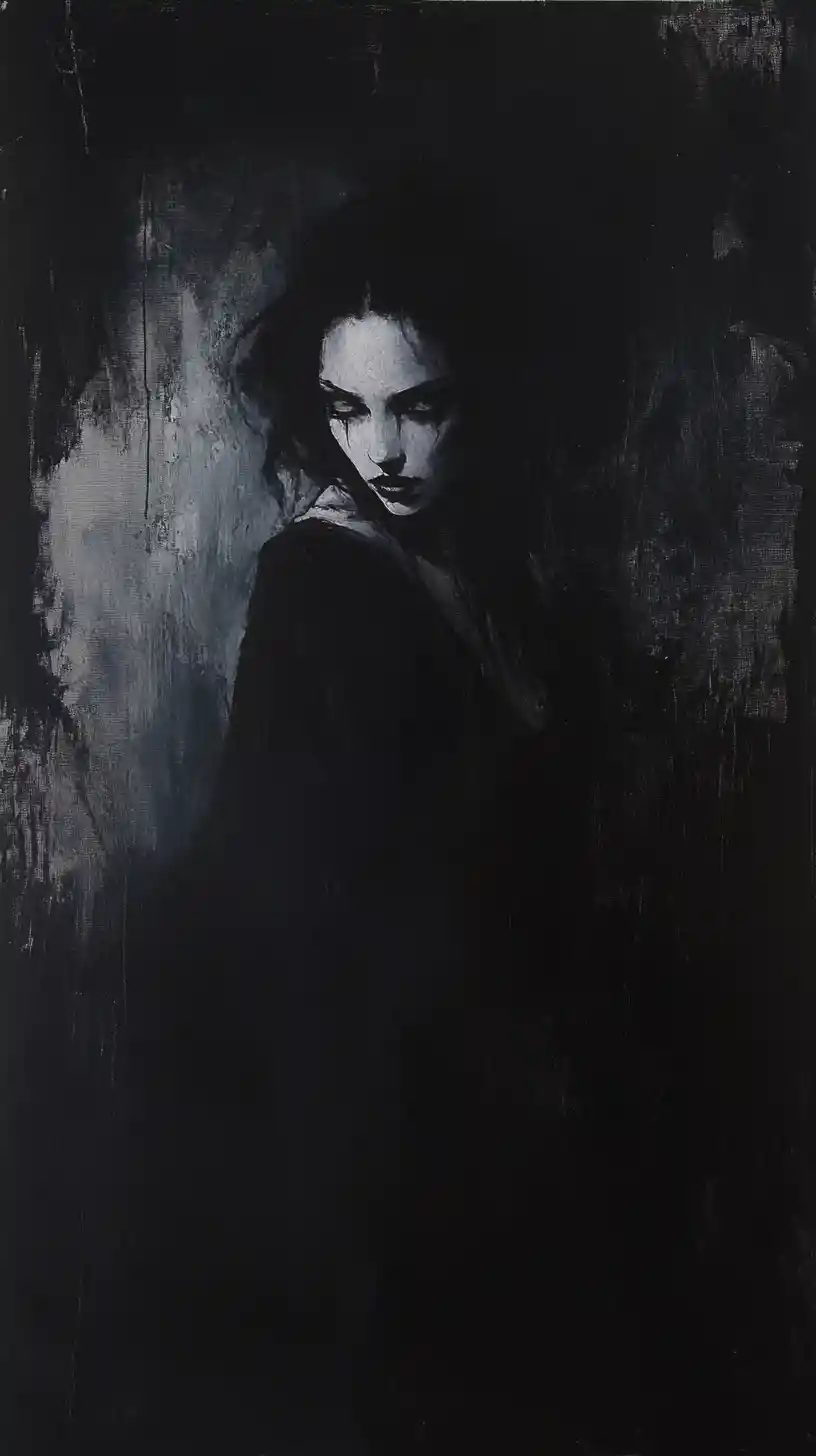 Portrait en impasto sombre d’une figure féminine aux traits durs
