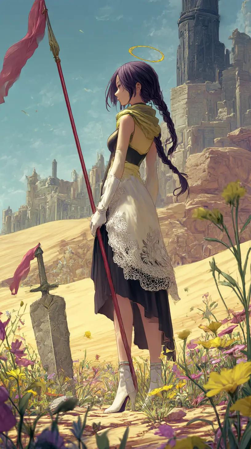 Angel winged girl with spear in a glowing desert castle