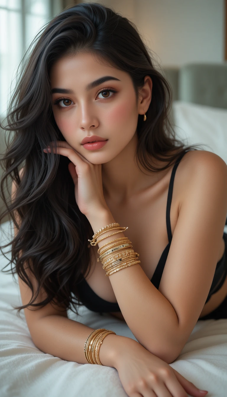 검은색 상의를 입은 여성이 카메라를 강렬하게 응시하는 모습