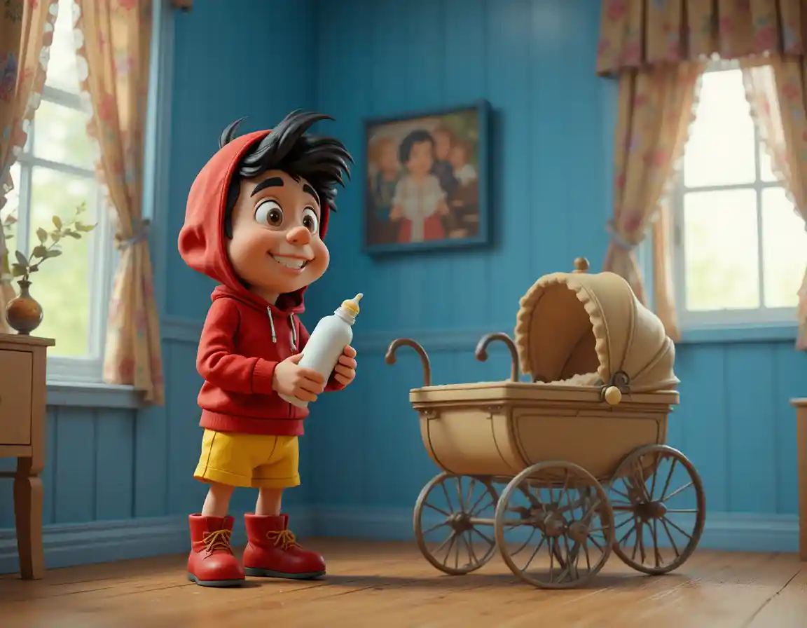 Clay cartoon boy with baby bottle beside vintage carriage