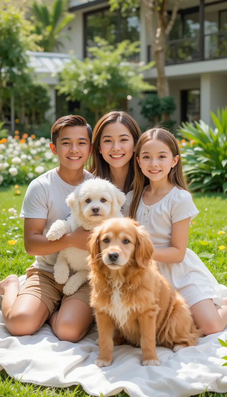 Happy mother with children and dogs in sunny garden