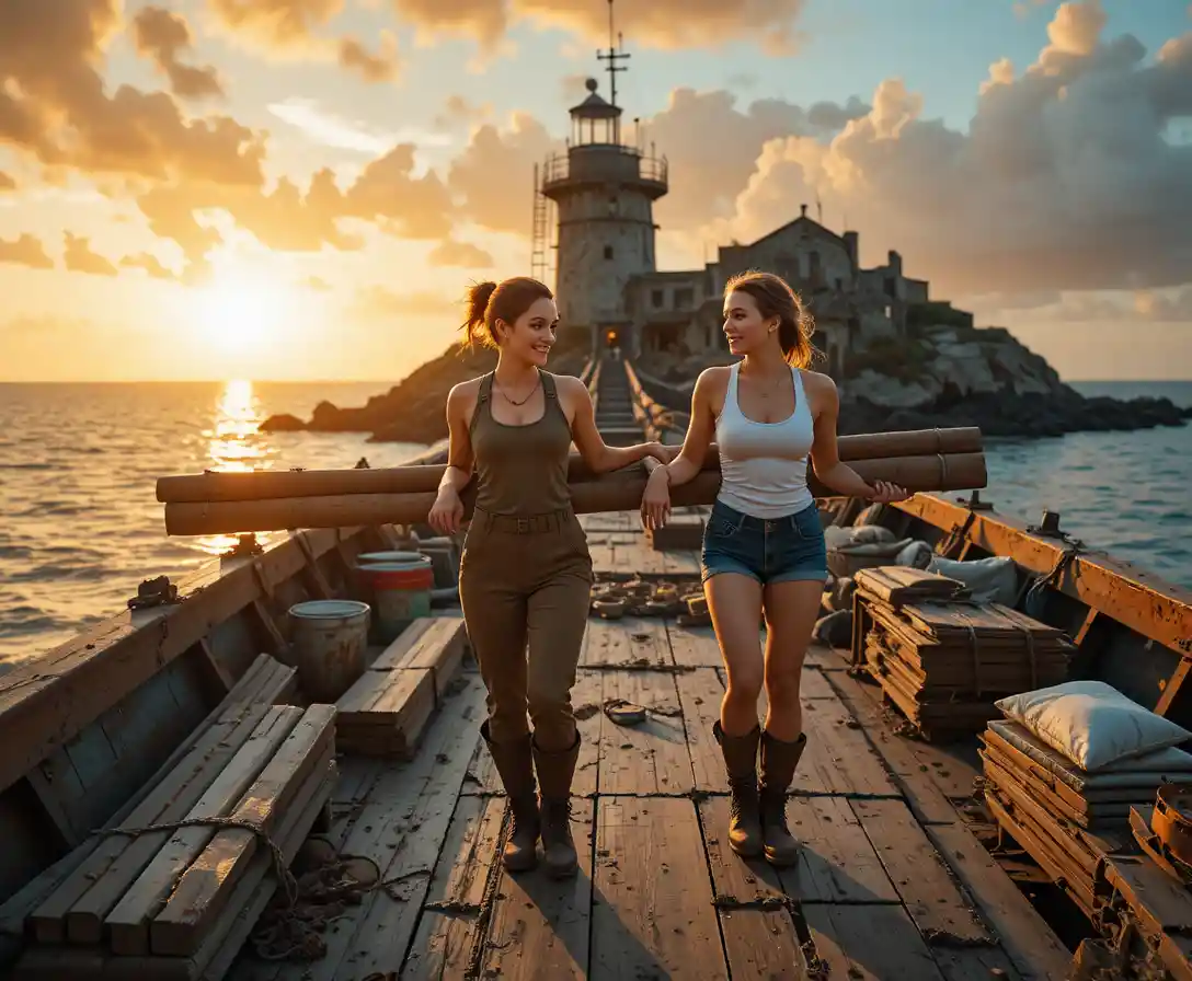 Two women hauling timber across a rugged workboat deck