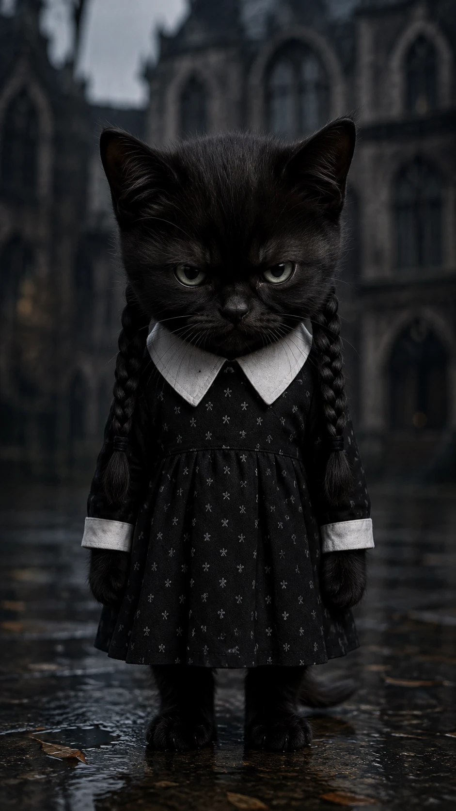 Serious black kitten in gothic style outfit