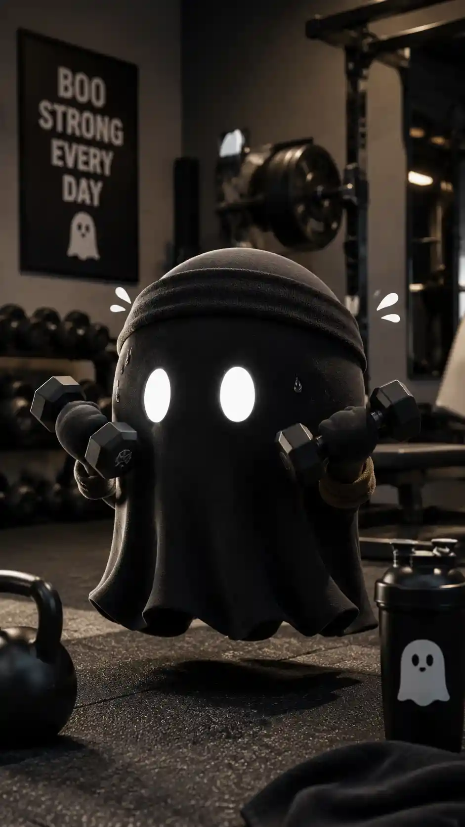 Tierno pequeño fantasma negro haciendo ejercicio en un gimnasio luminoso