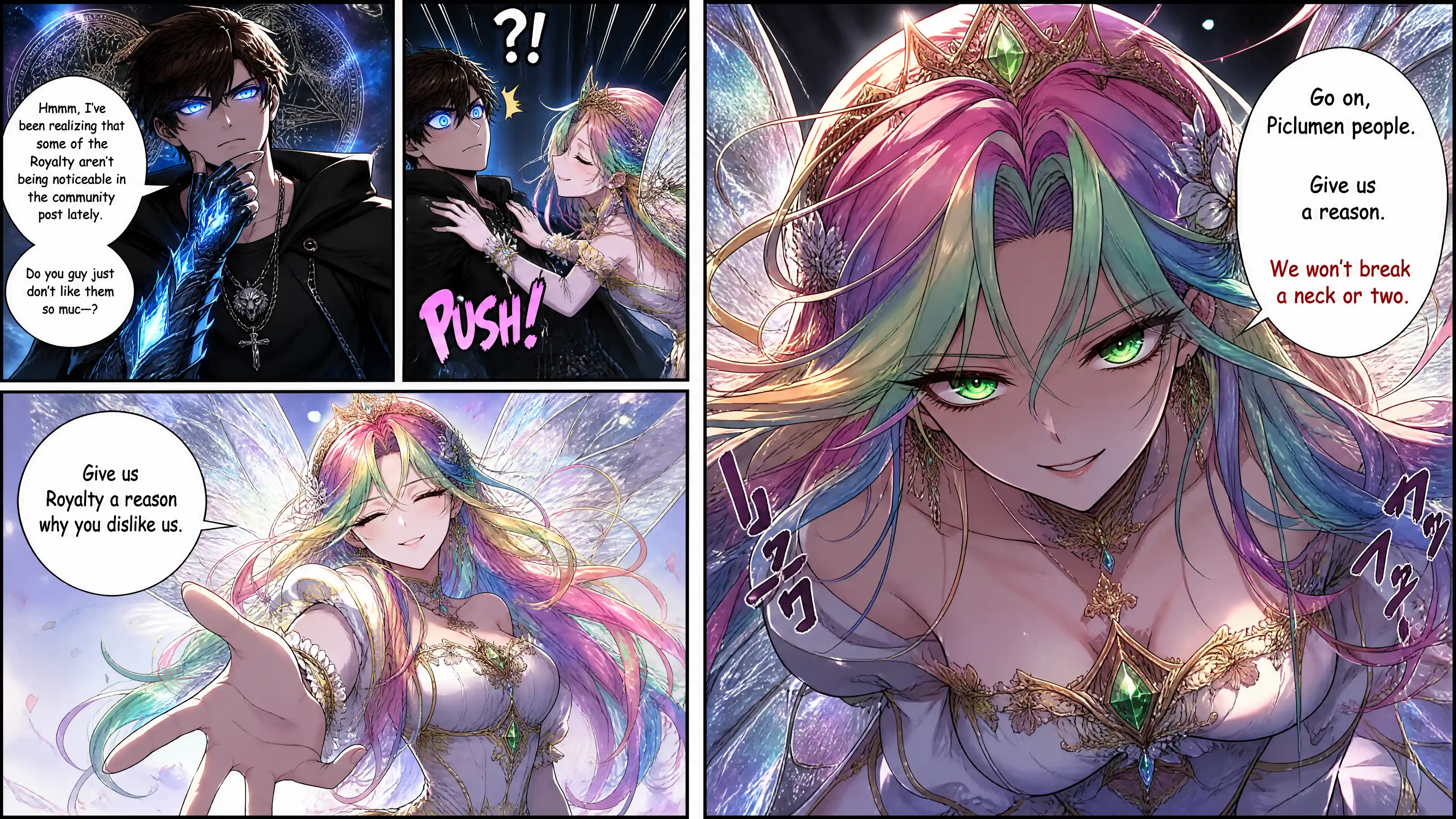 Azurack with glowing eyes interrupted by a fairy queen