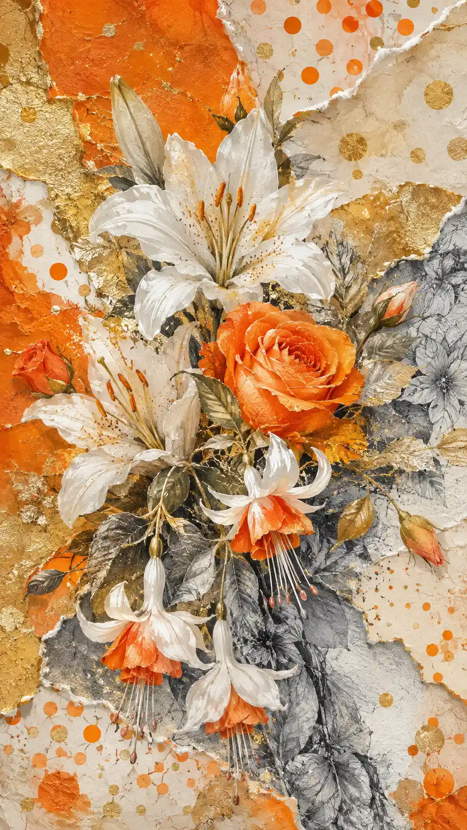 Mixed-Media-Blumenstrauß aus Lilien und Rosen mit abstrakter goldener Collage