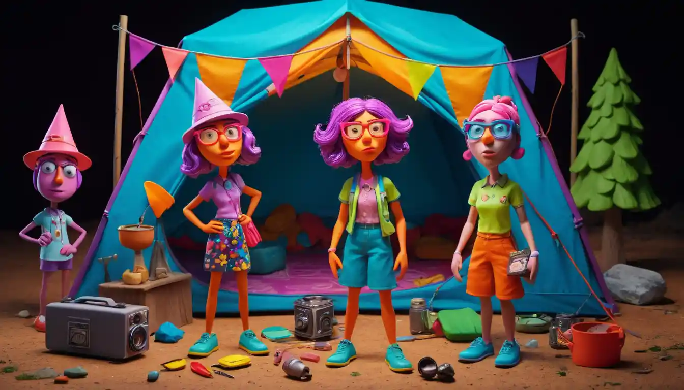Verspielter Camping-Schönheitswettbewerb im Neon-Knetmassen-Cartoon-Stil