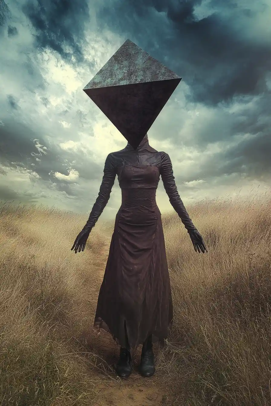 Figura surreal sem cabeça em um campo escuro ao crepúsculo