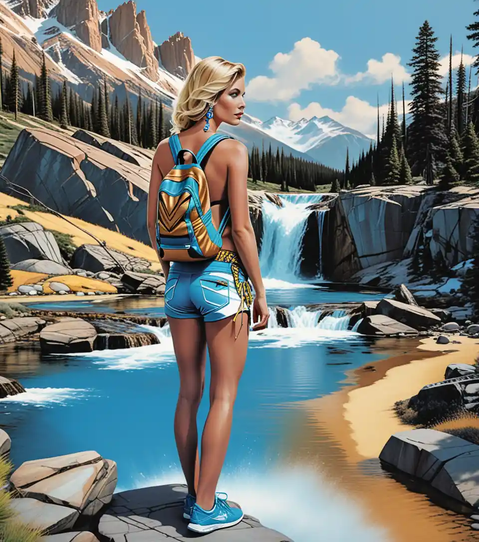 Blonde Wanderin an einem abgelegenen Waldpool in Montana