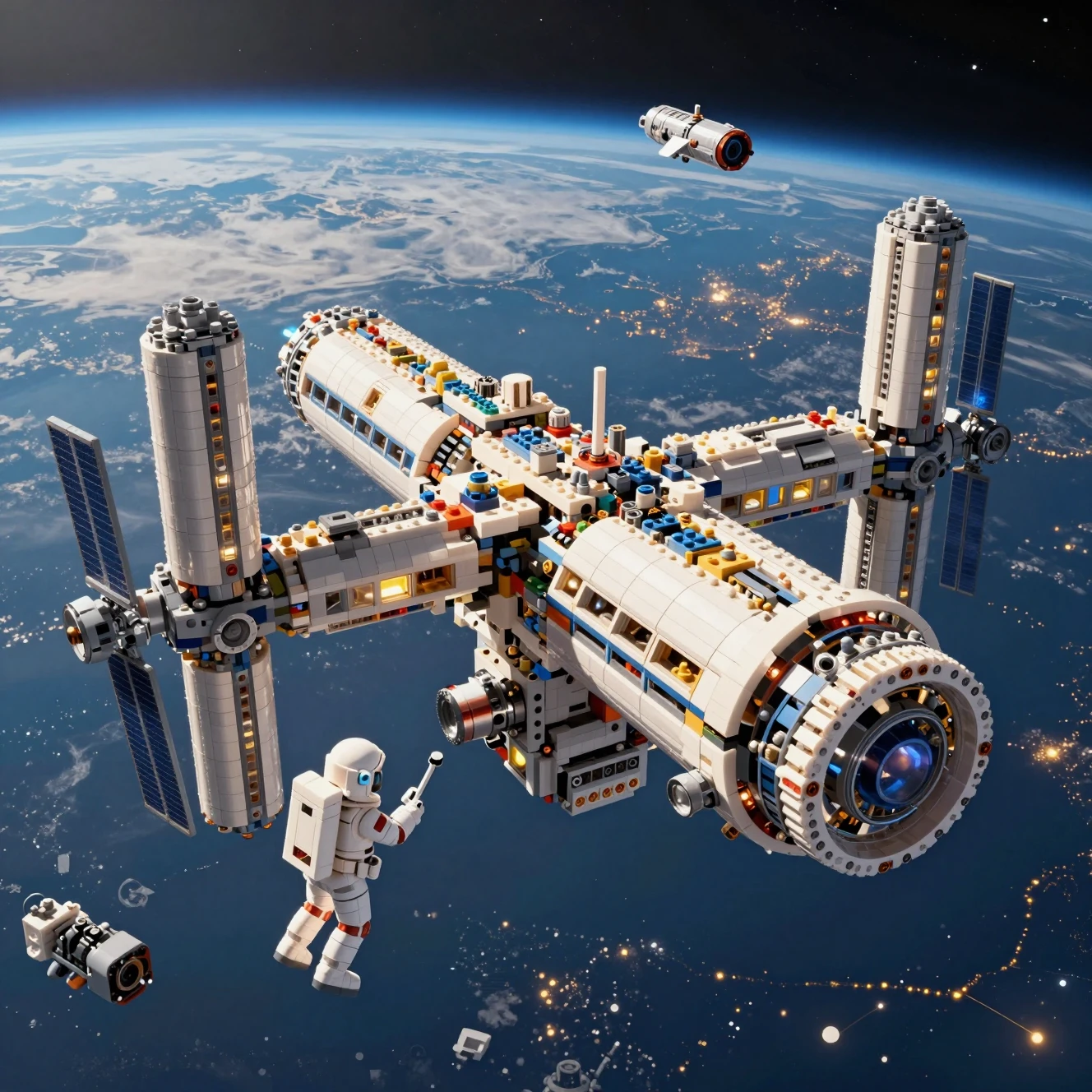 Gigantische Raumstation aus Ziegelsteinen im Orbit über der Erde