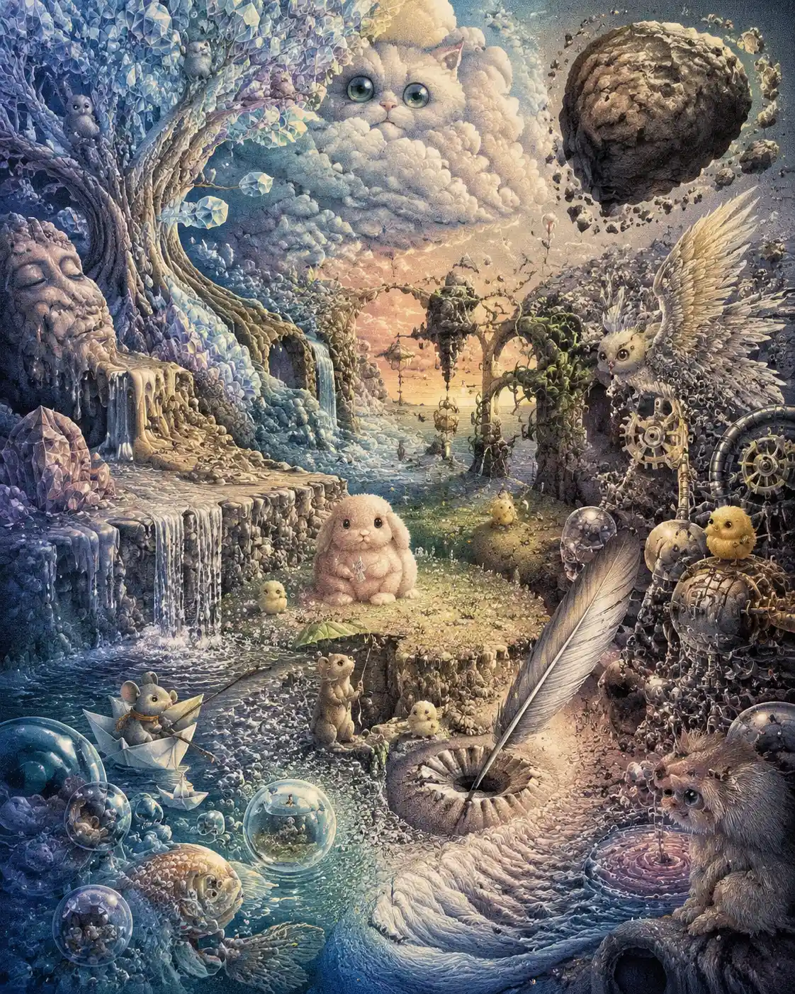 Animaux Fantastiques Ludiques dans un Paysage Surréaliste en Transformation