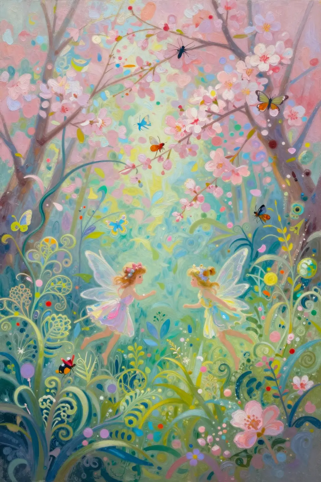 Fairies Dancing In A Pastel Fantasy Sakura Forest