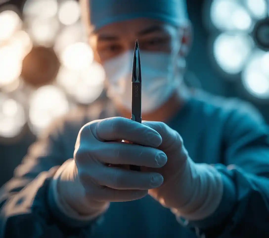 Mãos de cirurgião com bisturi em sala de cirurgia dramática