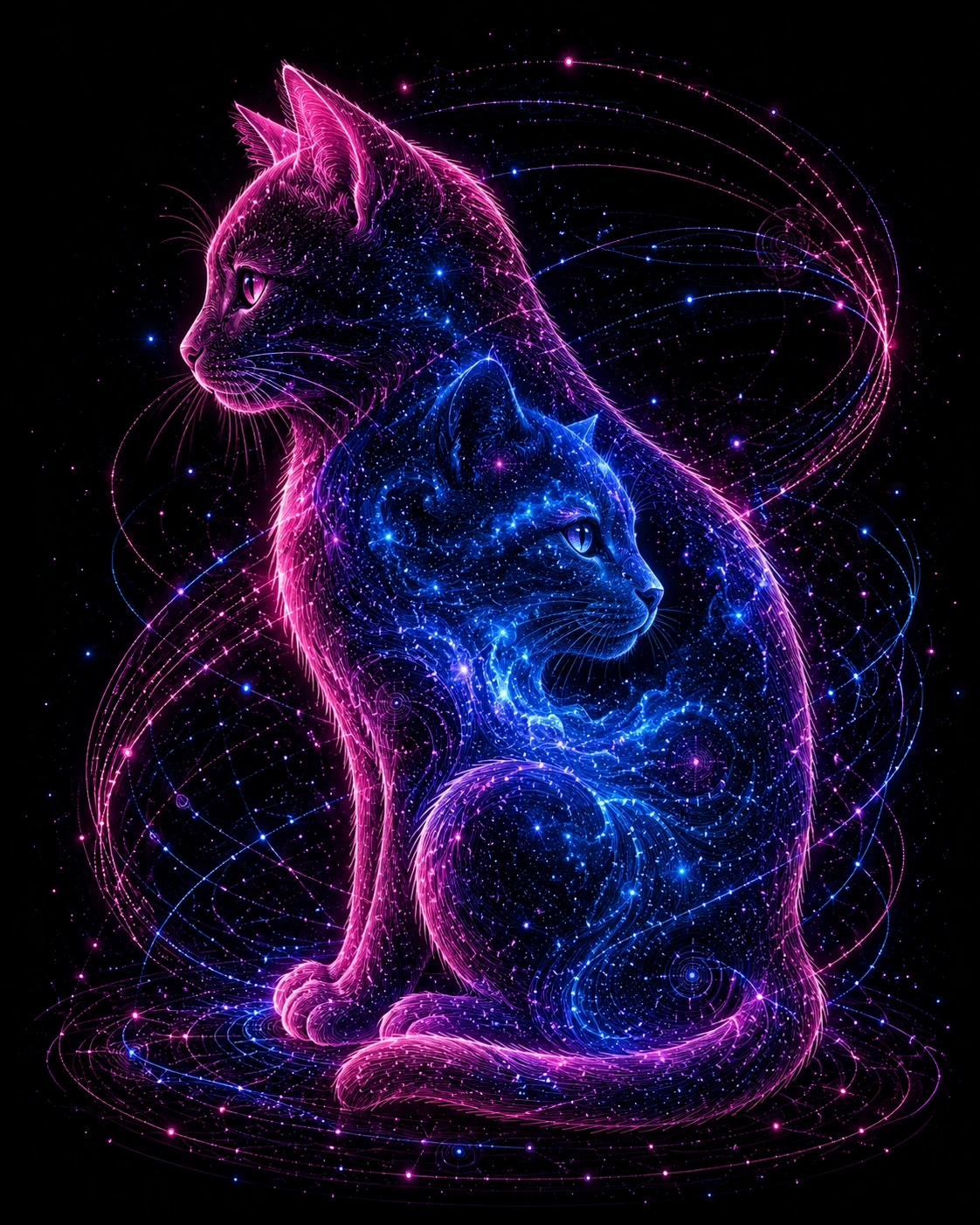 充滿宇宙銀河的霓虹線條貓側影