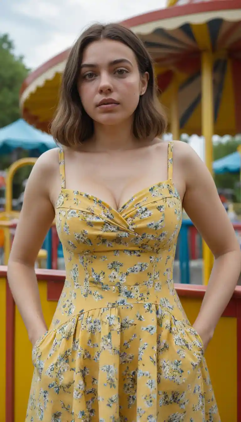 Verängstigte Frau im gelben Sommerkleid auf einem Jahrmarkt