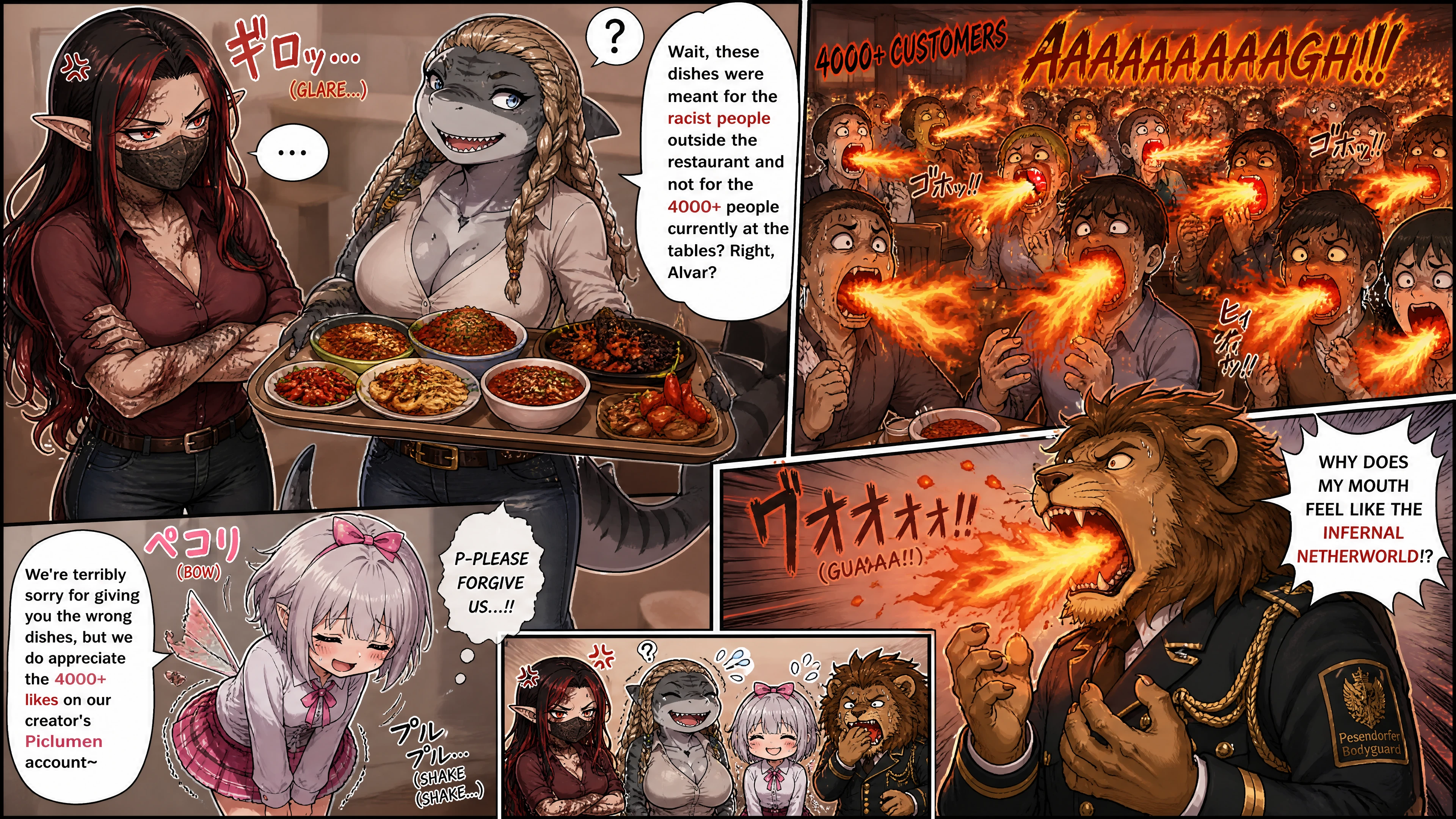 Elf chef glares at shark woman in chaotic restaurant
