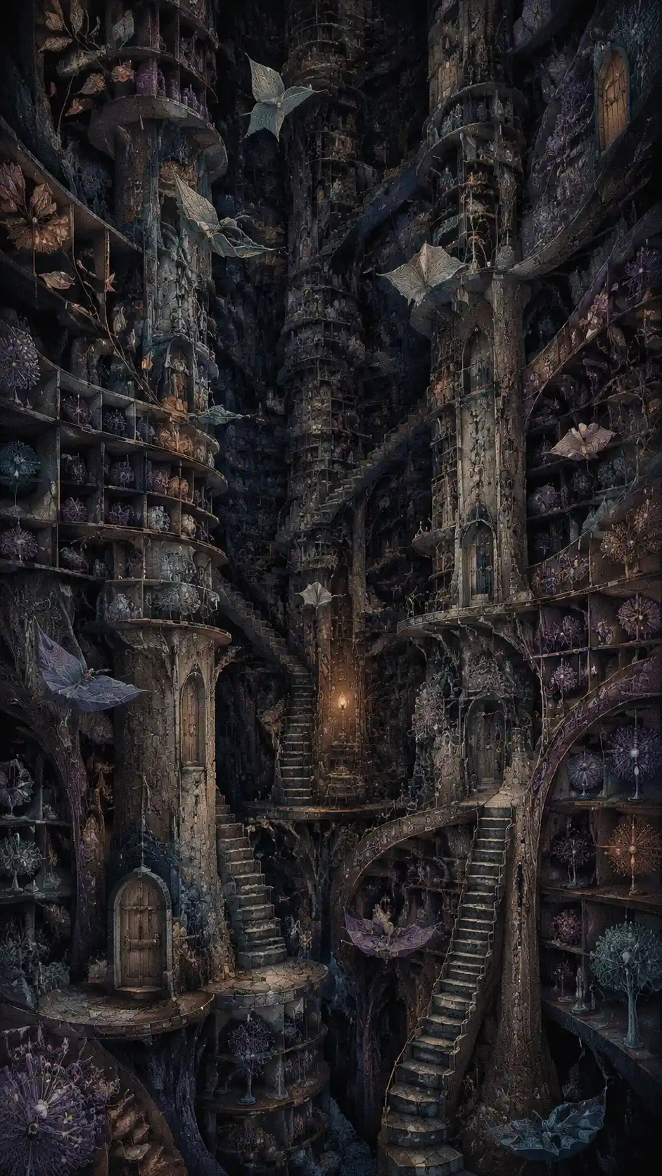 Biblioteca surreal e imponente com estantes orgânicas e uma luz quente