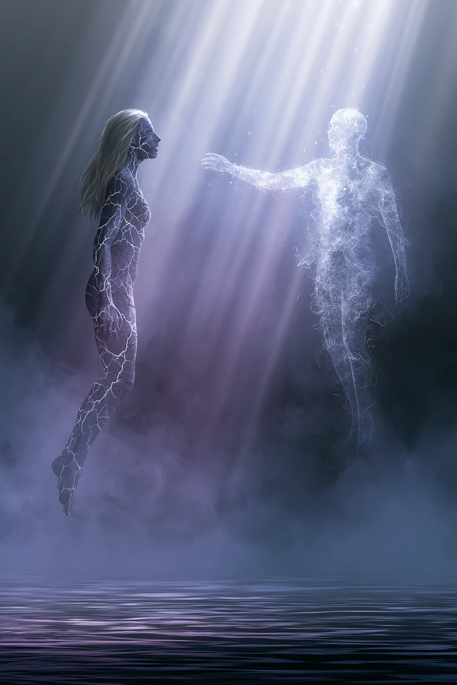 Mulher etérea diante de figura espiritual luminosa e fragmentada