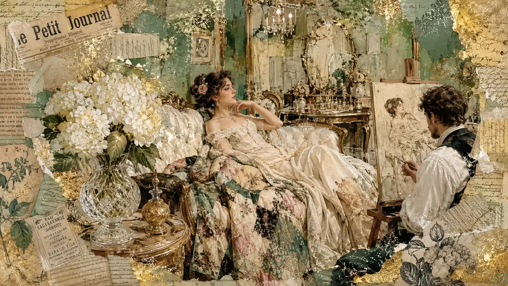 Camarim vitoriano com dama reclinada e pintor