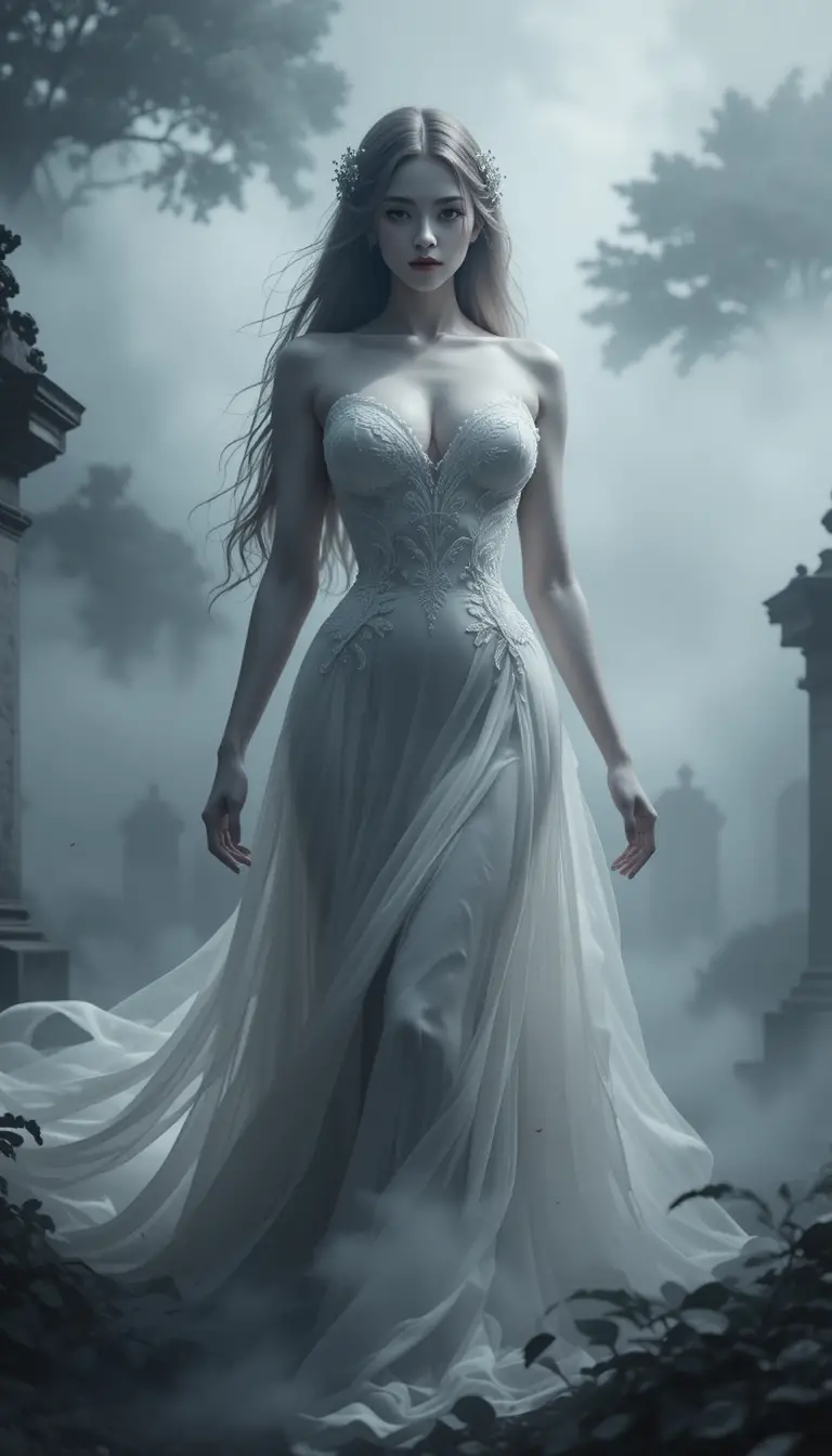 Mariée sensuelle émergeant d’un épais brouillard dans un cimetière sombre