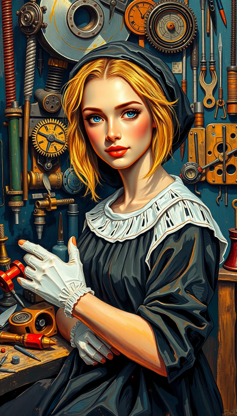 Retrato em impasto de uma mulher concentrada em uma oficina steampunk