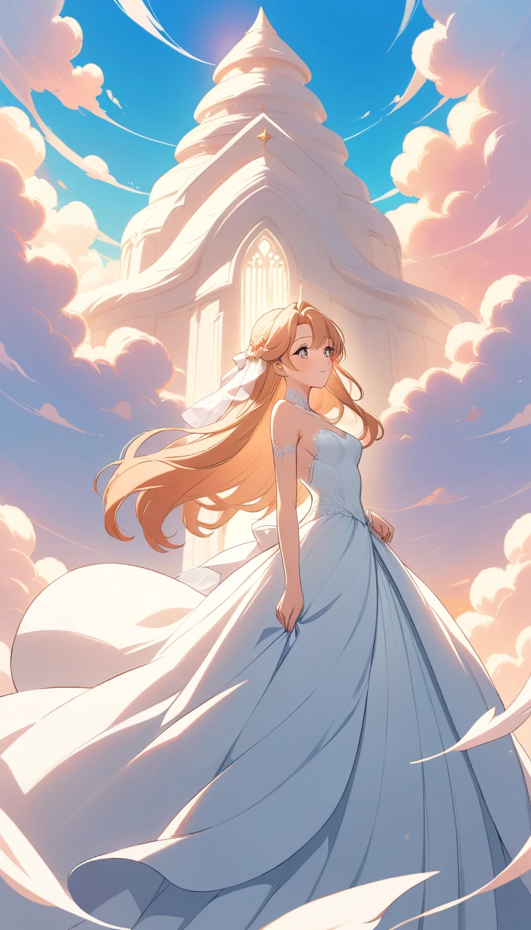 Novia de anime en una colina neblinosa rodeada de nubes