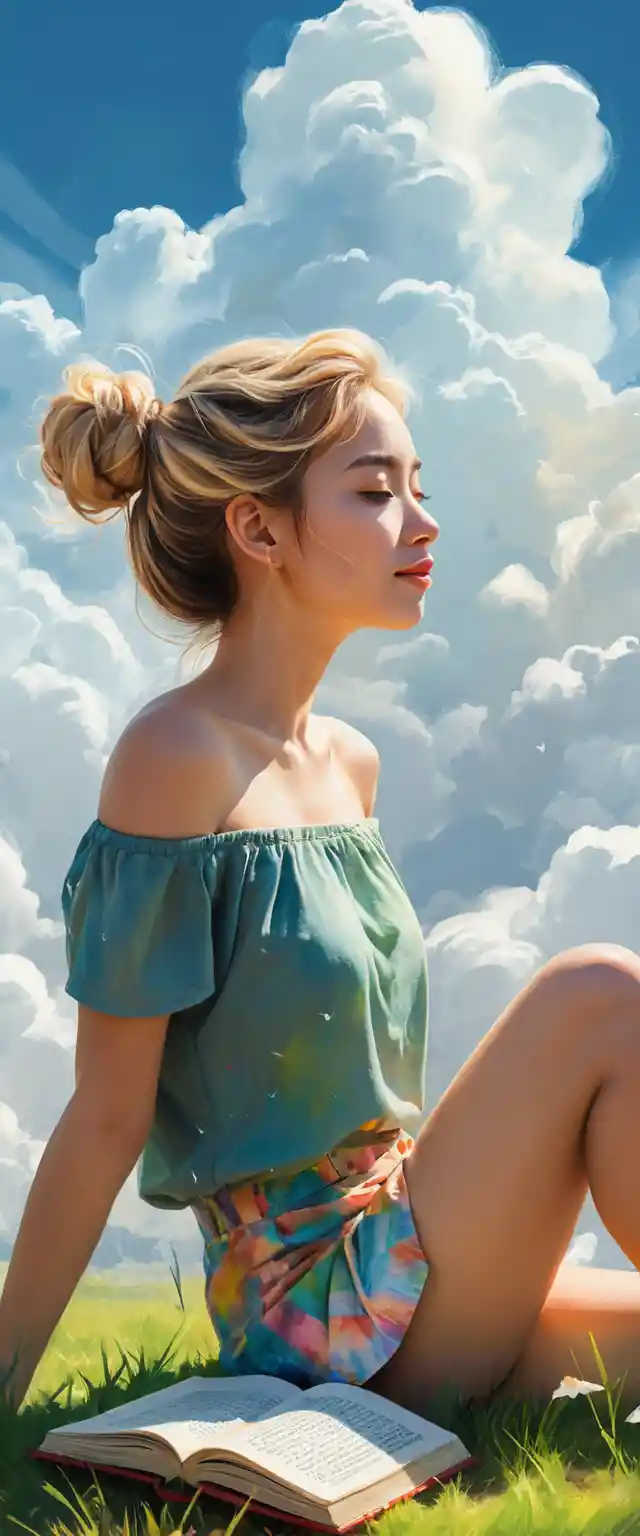 야생의 초록 풍경 위 구름에 누운 신비로운 금발 여성