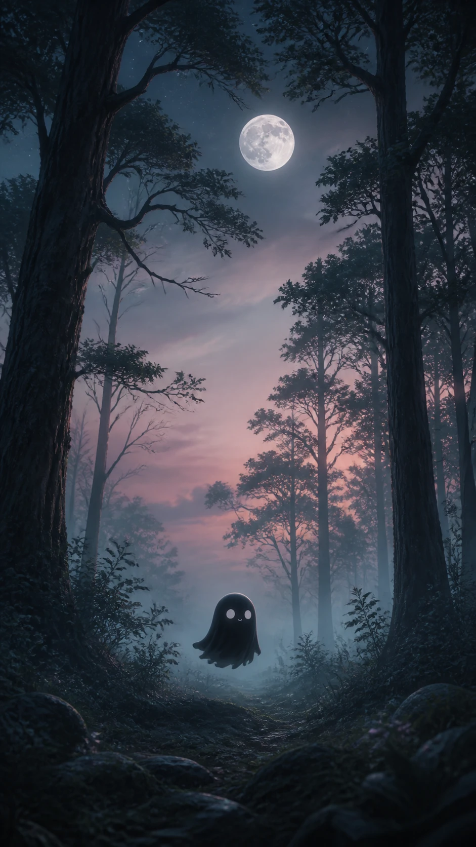 Pequeno fantasma preto flutuando em uma floresta enevoada ao luar