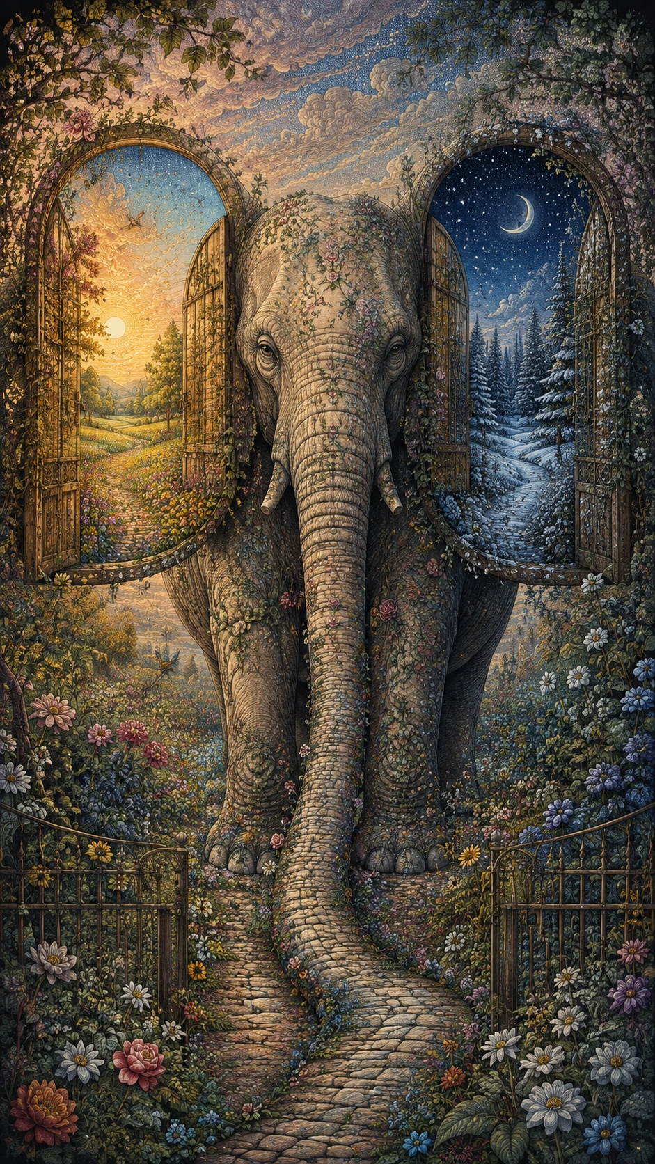 Portal Surreal de Elefante ao Lado de um VastO Jardim Fantástico