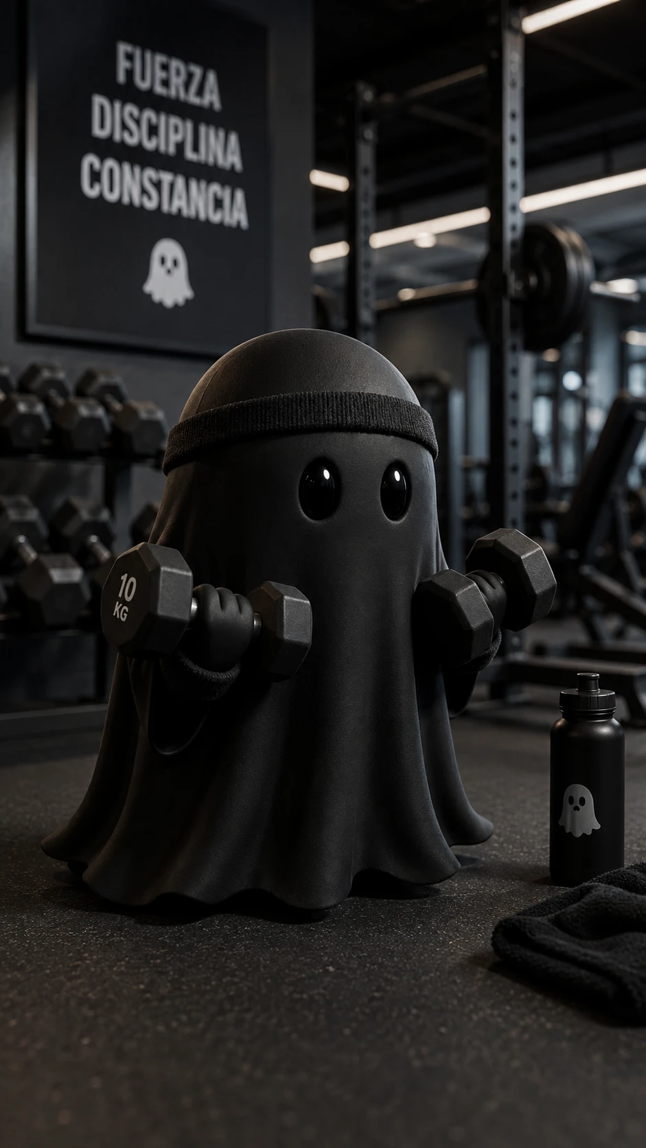 Fofo mini fantasma preto malhando na academia