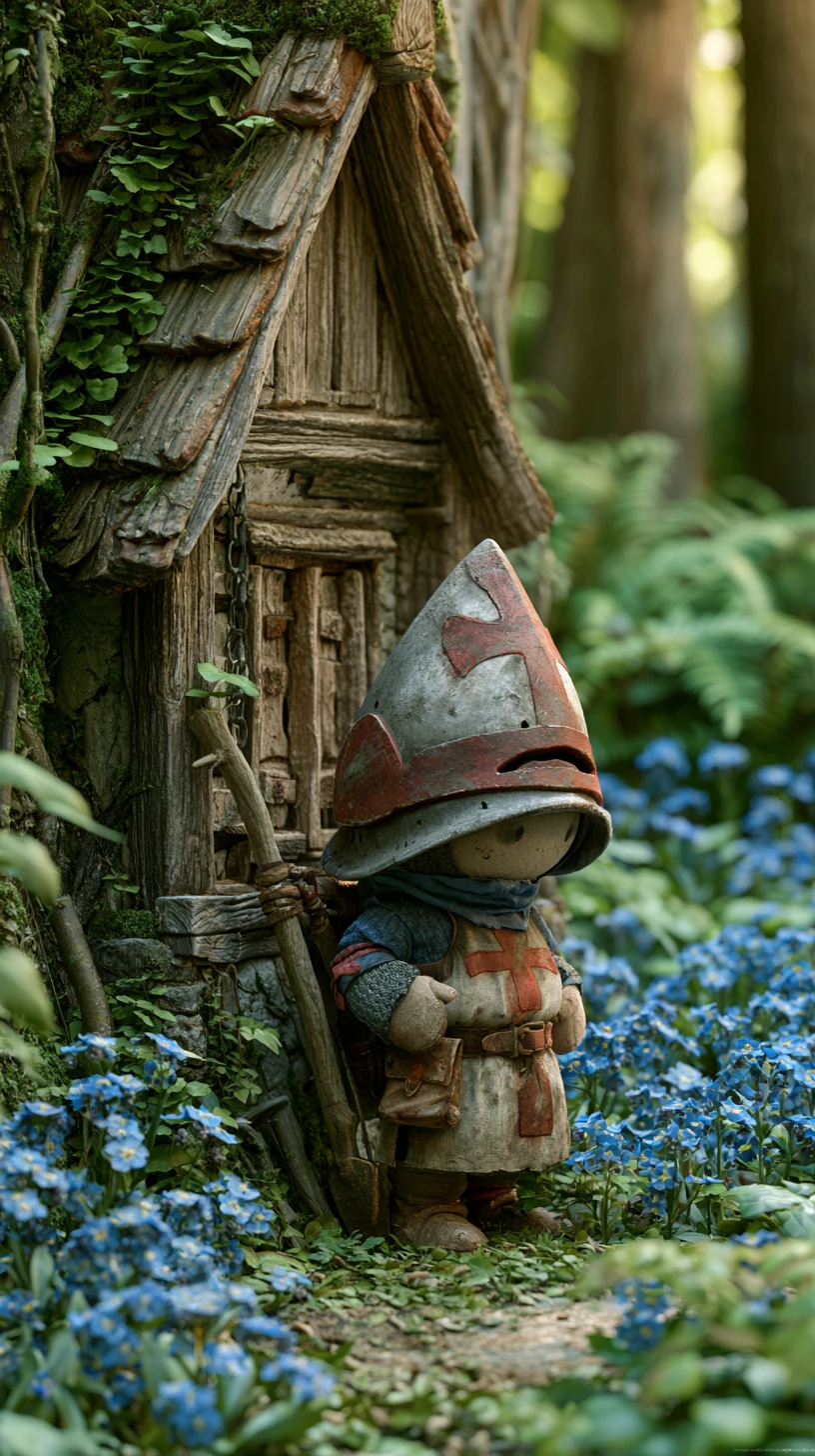 Winziger mittelalterlicher Kreuzritter, der sich an einem Gasthaus im Wald ausruht