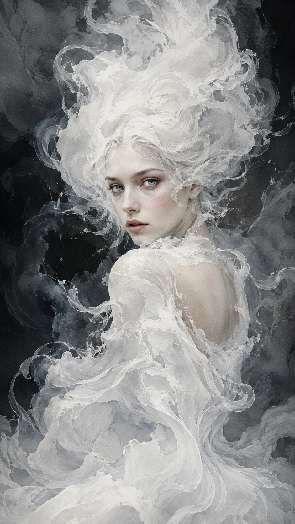 Retrato surreal de uma mulher feita de fumaça branca em espirais